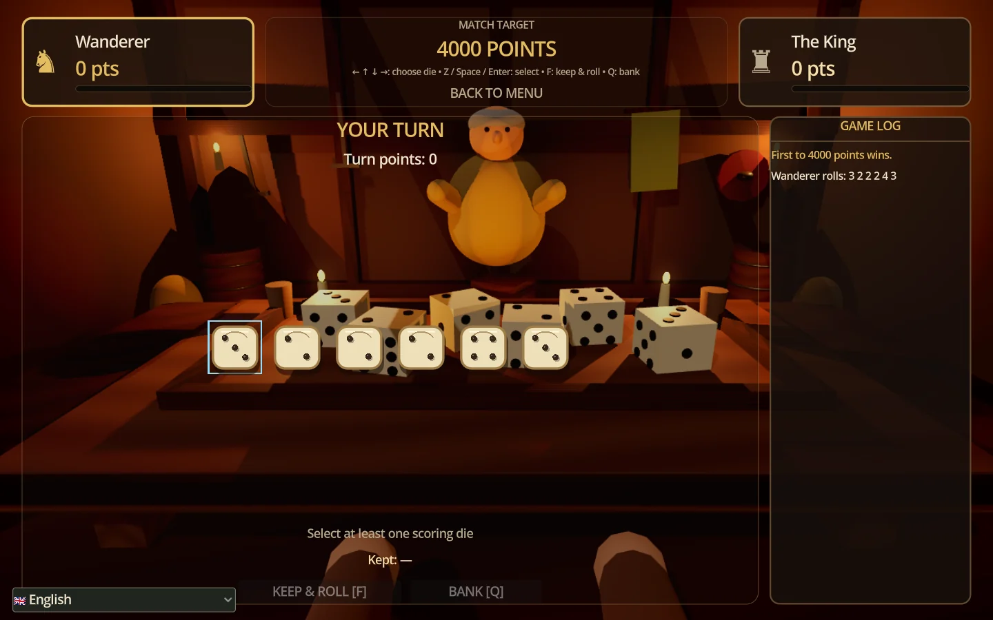 Actual gameplay showing the dice table, score panels and banking controls