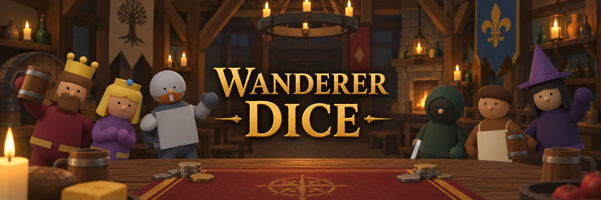 The king, princess, knight, thief, innkeeper and witch gathered around a tavern table beneath the Wanderer Dice title