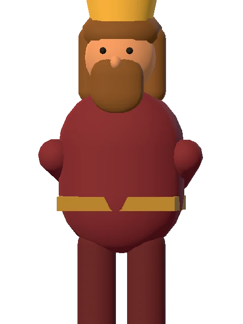 The burgundy-clad king with his gold crown